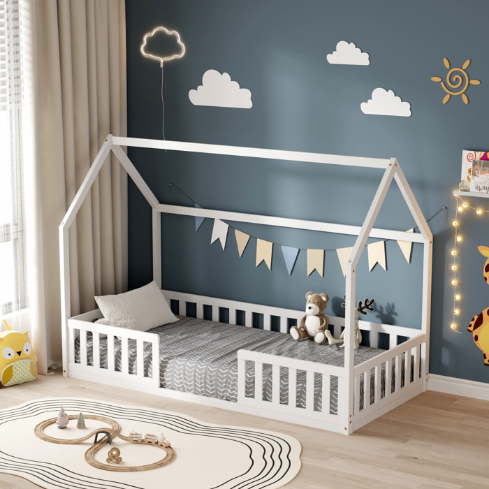 Lit Cabane Nid enchanté 90 x 190 cm, Blanc, Bois de Pin naturel, Barrières latérales de sécurité, Favorise l'imagination
