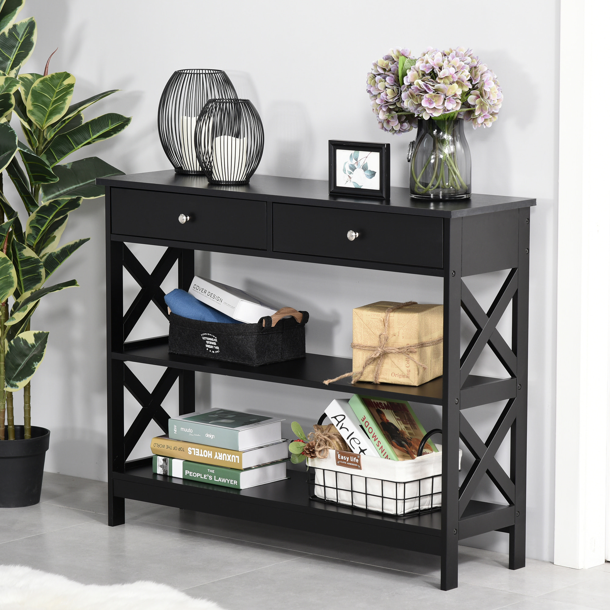 Console style table de drapier néo-rétro 2 tiroirs 2 étagères dim. 100L x 30l x 80H cm MDF noir