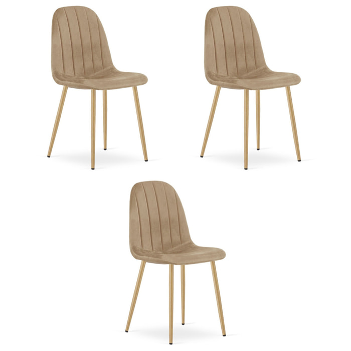 Set di 3 Sedie Padva in Velluto Marrone e Gambe Rovere