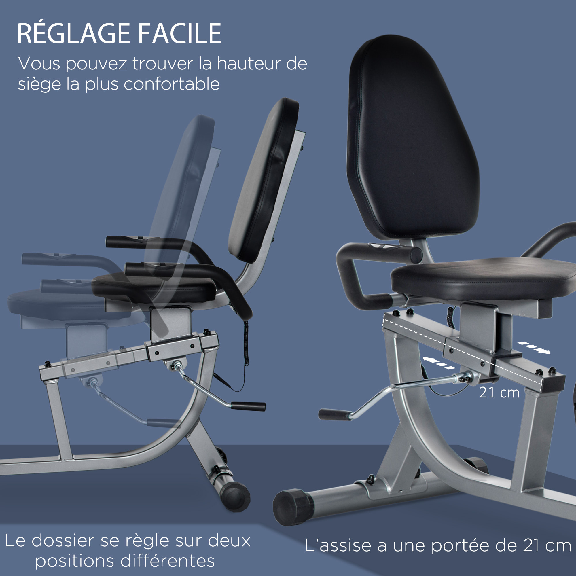 Vélo d'appartement semi-allongé magnétique réglable écran LCD - collaboration Aosom.fr x FFHandball - acier ABS gris noir