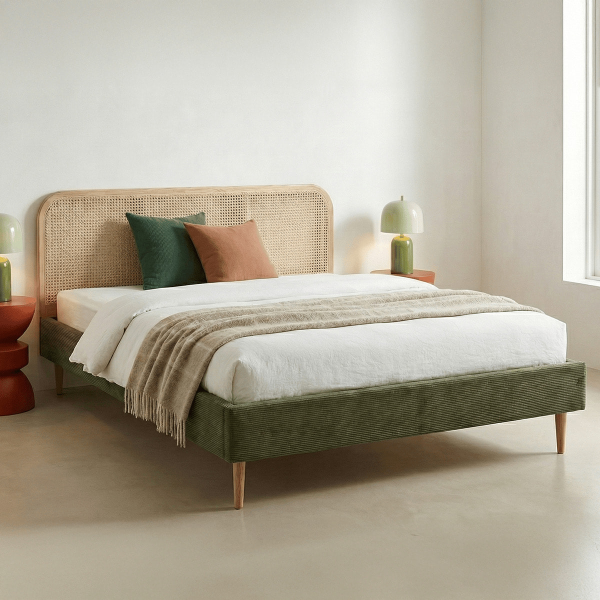 Lit en velours côtelé avec tête de lit en cannage - DALIA