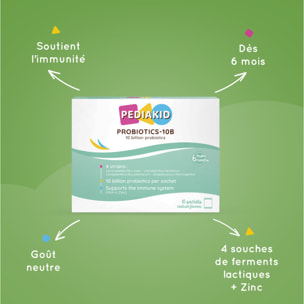 PEDIAKID - Probiotiques-10M - Rééquilibre la flore intestinale - Apporte 10 milliards de ferments lactiques - Soutient l'immunité - Dès 6 mois - Etui de 10 sachets - Lot de 2