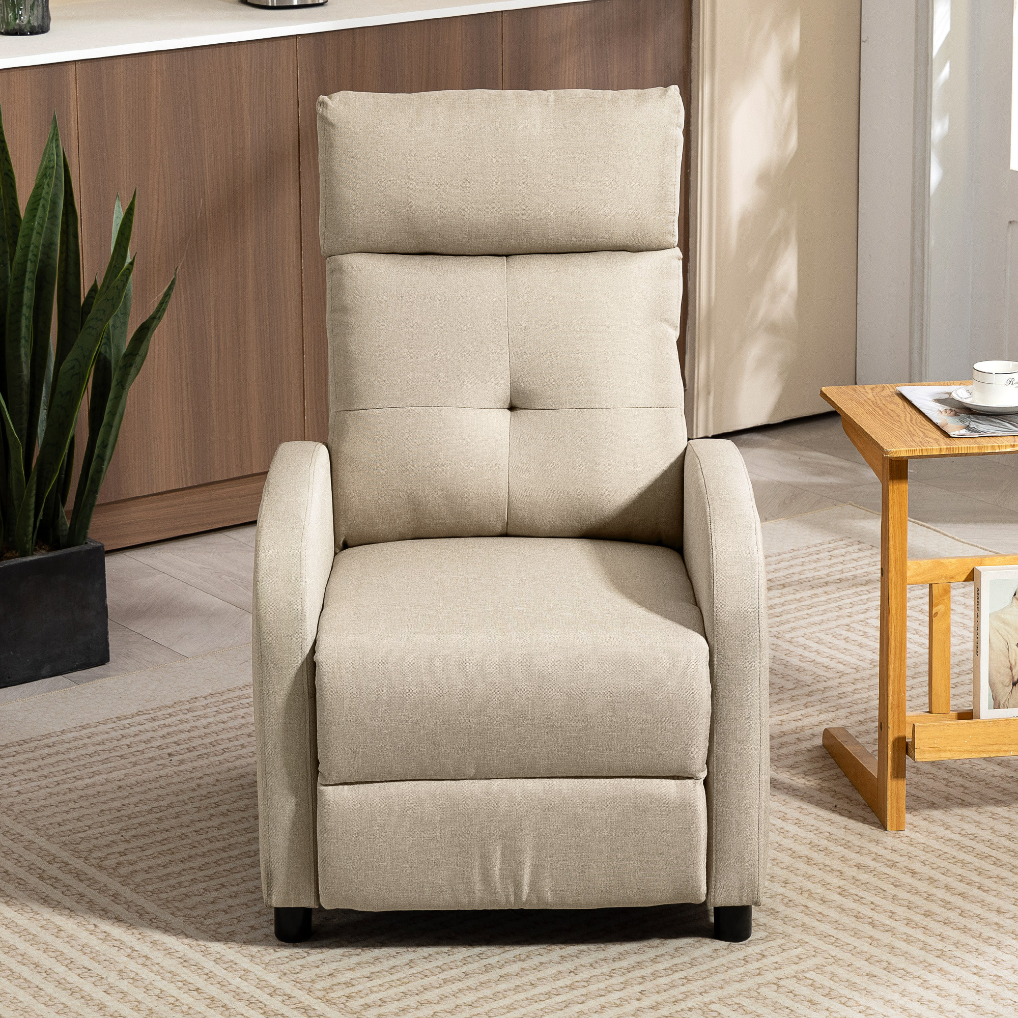Sillón Relax Reclinable Manual, Sillón Relax de Lino con Apertura Push, Reposapiés, Respaldo Alto, Acolchado Grueso, Butaca Reclinable hasta 155º para Salón, Dormitorio, Oficina, Beige