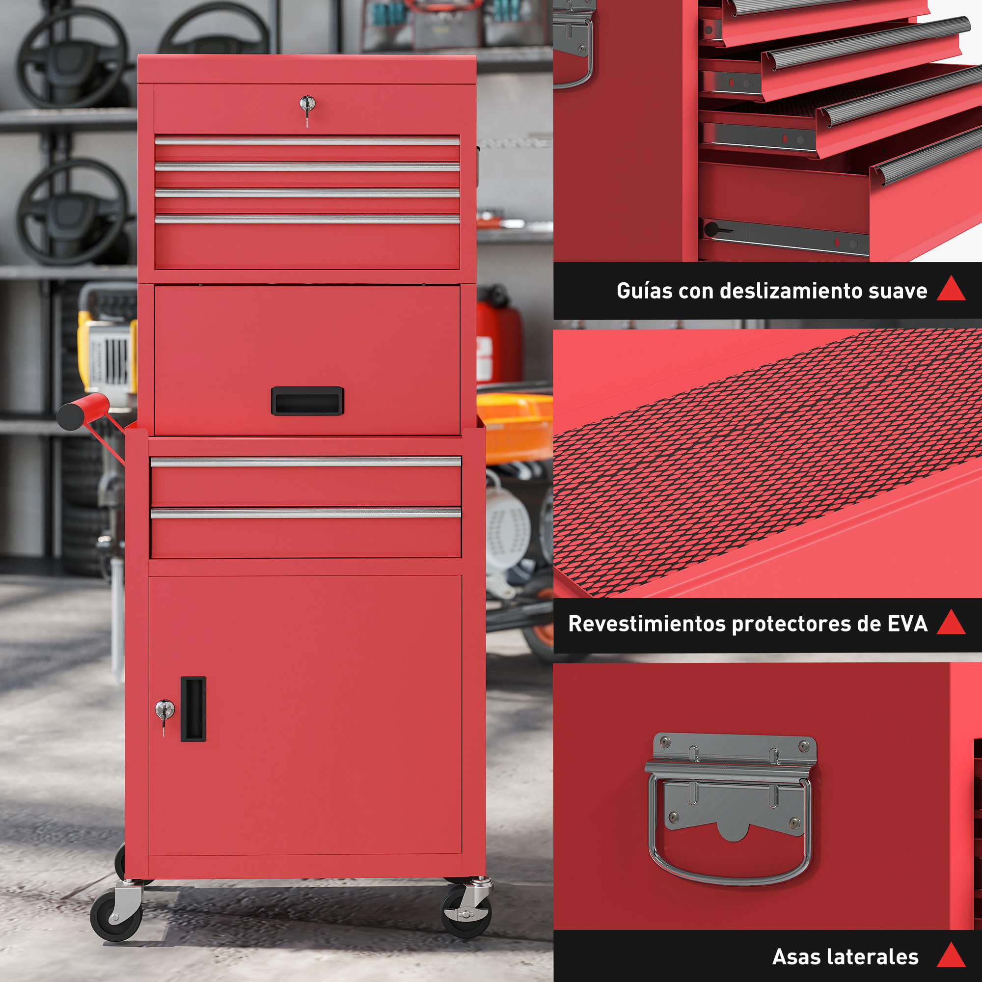 Carro de Herramientas con 6 Cajones y Cerraduras, 3 en 1, Carro de Taller Móvil con Ruedas y Panel Lateral Perforado, Caja de Herramientas Desmontable de Acero, para Taller, Garaje, Rojo