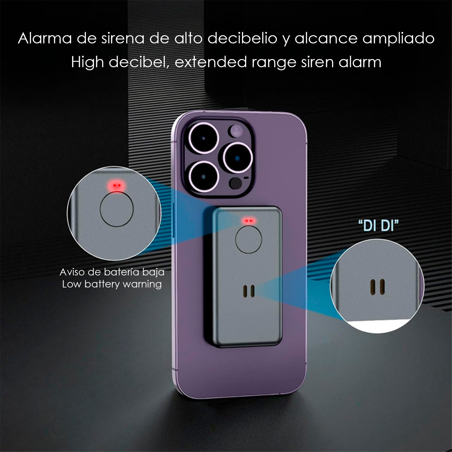 Allarme SOS personale con suono di 130dB. Batteria ricaricabile con fino a 90 minuti di suono continuo.
