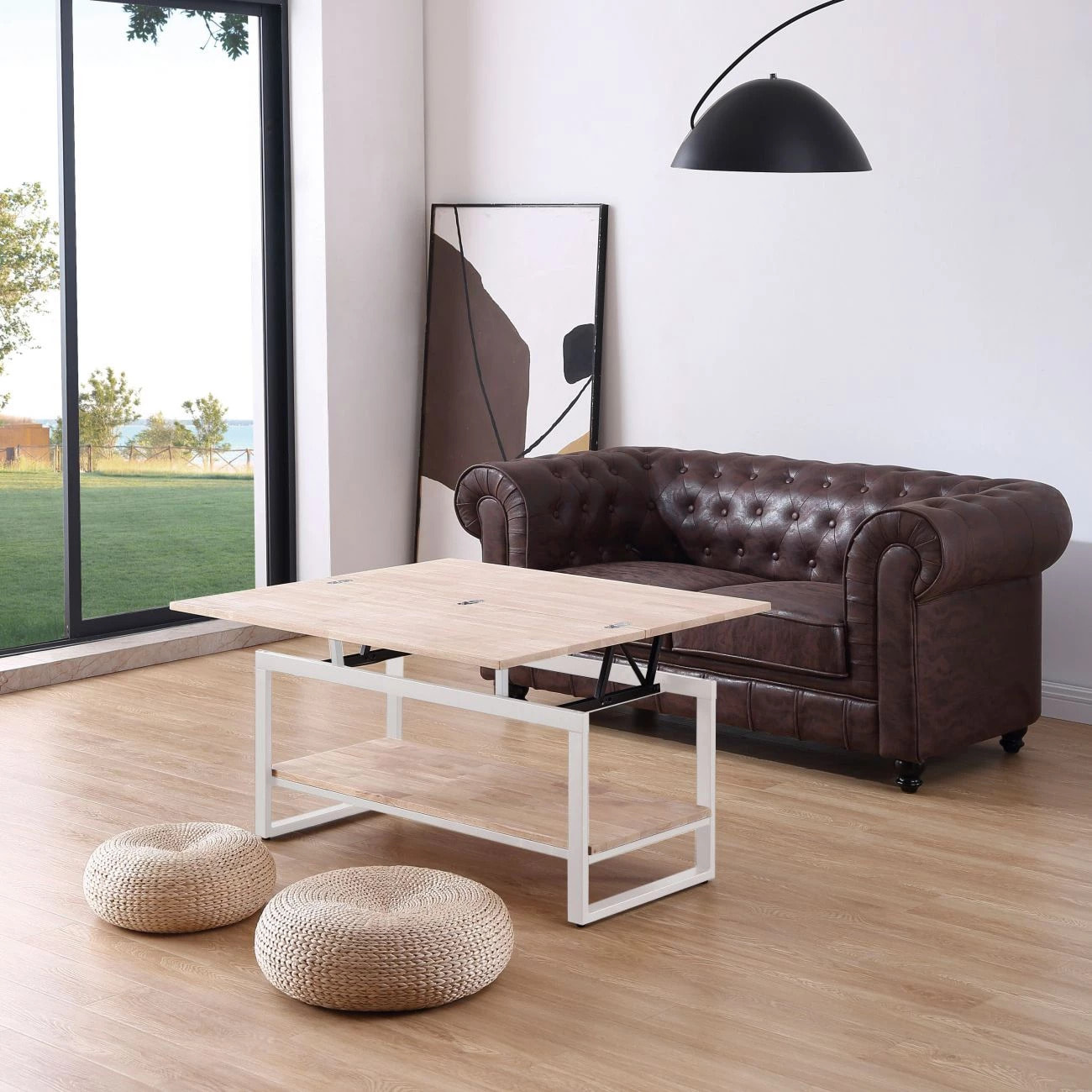 Mesa de centro elevable y extensible en blanco y roble 46-91x48,3-57,6 Rens Blanco - Roble