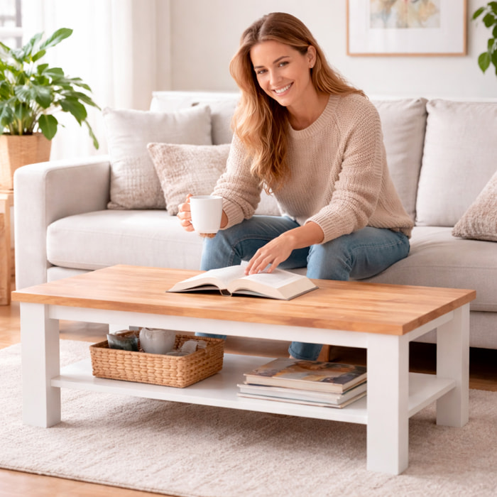 Tavolino Da Caffè Con Ripiano Inferiore E Vano A Giorno Tavolo Basso Moderno Design Elegante Minimal 41 x 130 x 67 Cm Colore Bianco E Rovere