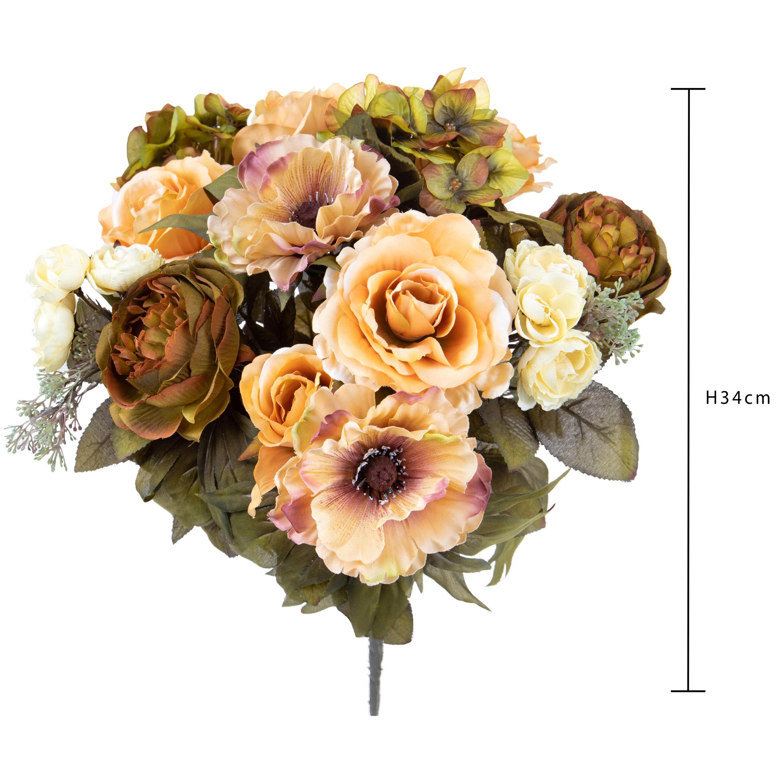 Bouquet Composta Da Rose E Ortensie. Altezza 34 Cm - Pezzi 1 - 18X34X18cm - Colore: Marrone - Bianchi Dino - Fiori Artificiali