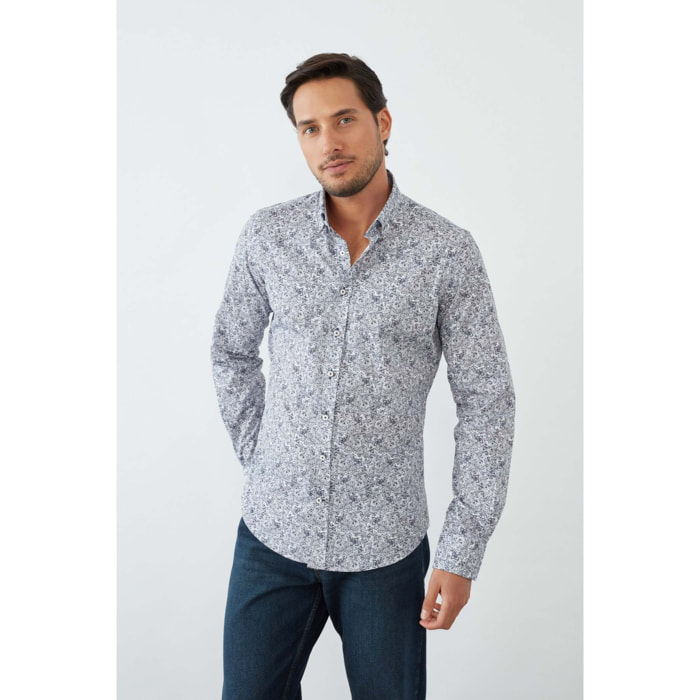 camicia uomo 1 bottone button down slim Popeline Stampato Bianco e Blu