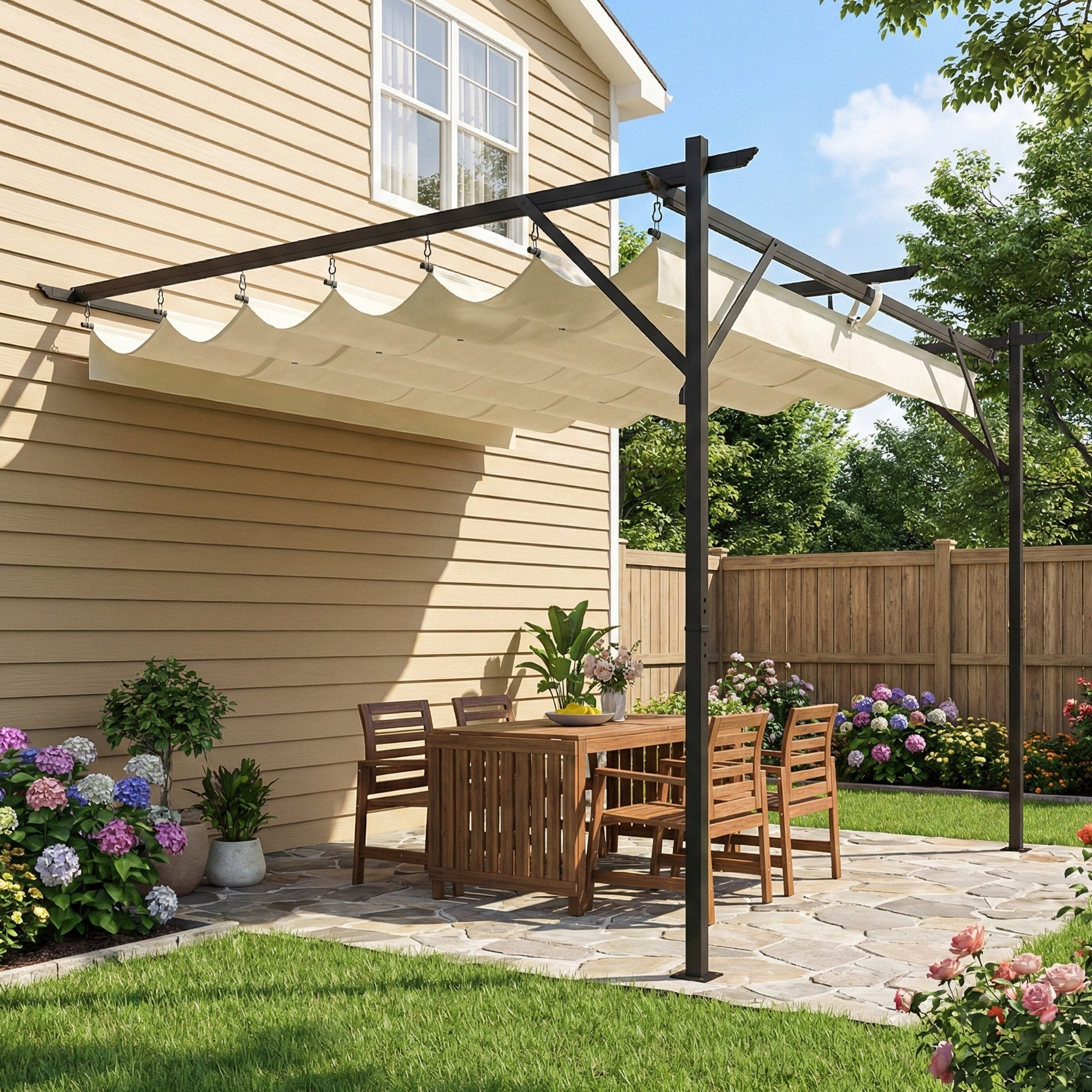 Pérgola de Pared de Jardín 3x3 m, Cenador de Jardín con Techo Retráctil, Protección UPF30+, Orificios de Drenaje y Estructura Metálica, Pabellón para Patio, Terraza, Exterior, Blanco Crema