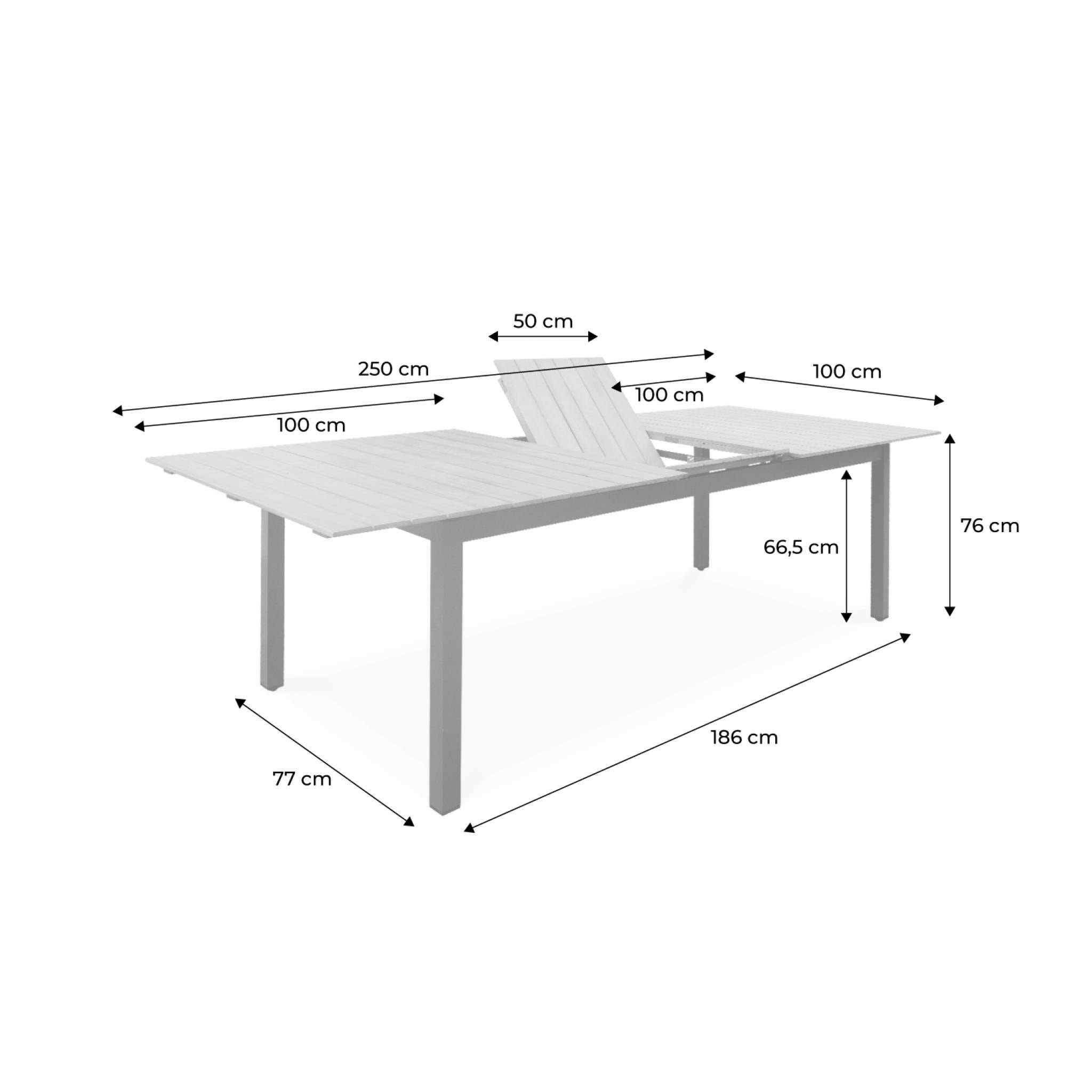 Table de jardin en bois aluminium extensible 200/250cm avec rallonge - Sevilla - bois d'Eucalyptus huilé et structure anthracite