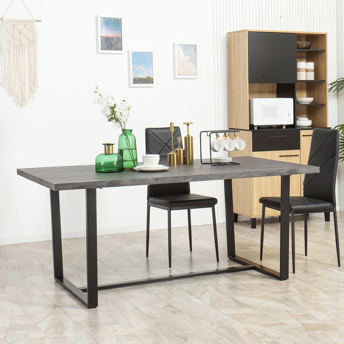 Table à manger design industriel grand plateau 8 personnes piètement acier noir MDF aspect bois gris