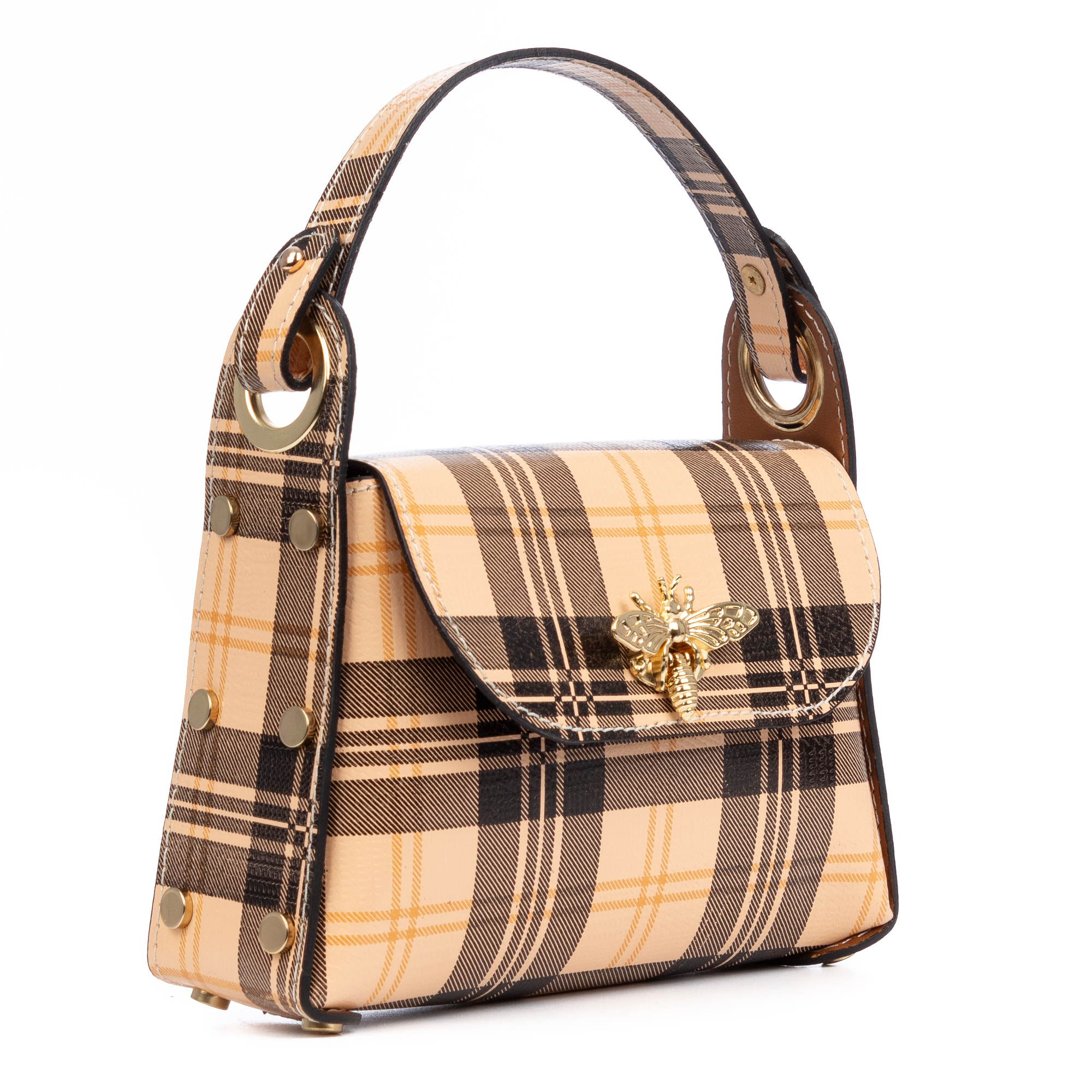 Aquileia bolso de mano mujer. Piel auténtica Ruga estampada con cuadro escocés.