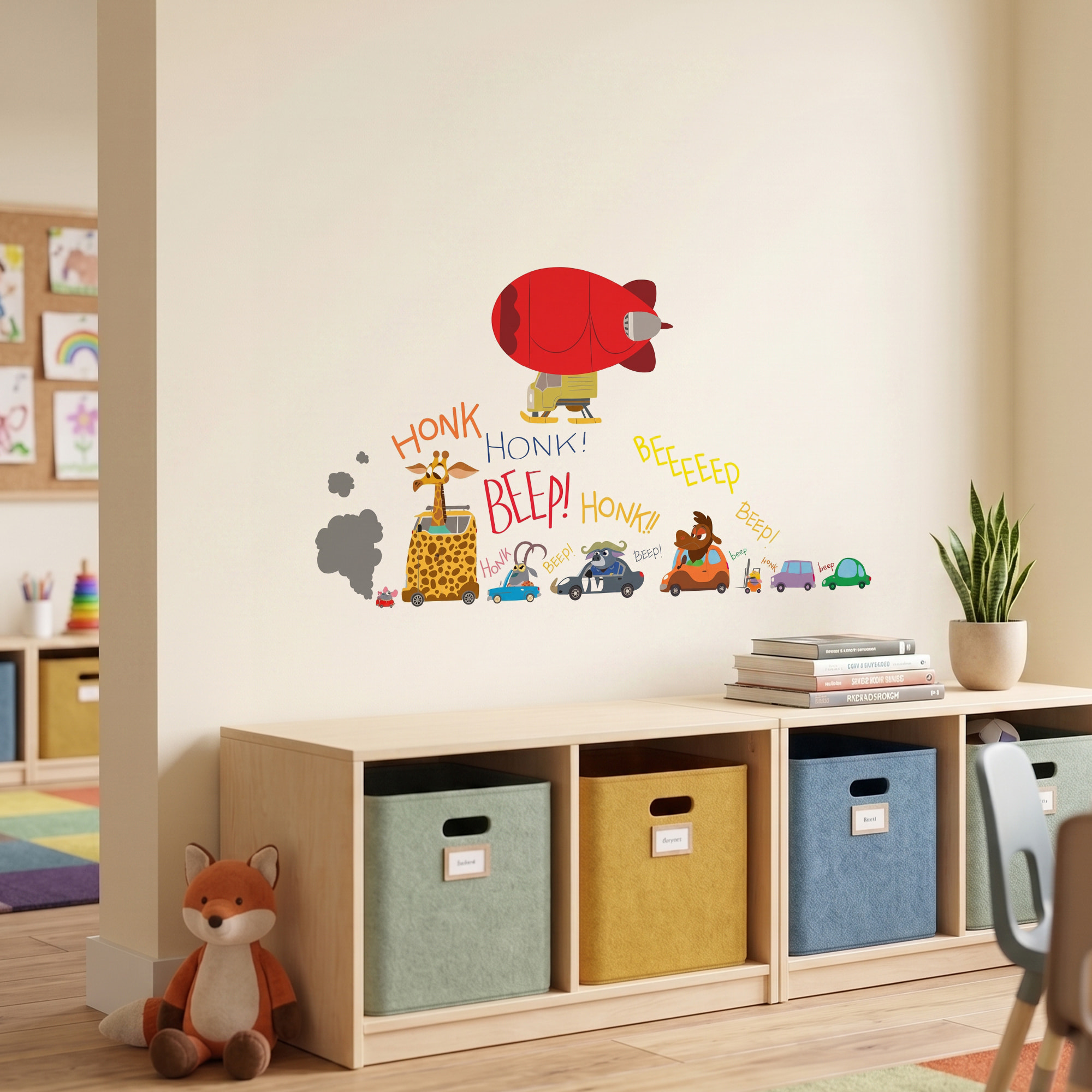Stickers Muraux décoration adhésifs embouteillage et dirigeable avec animaux rigolos