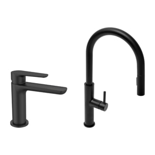 set mitigeur lavabo à levier sans tirette + mitigeur cuisine avec douchette extractible 2 jets, noir mat (SATBSD2OD271C)