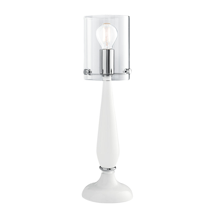 Lampada da tavolo AURORA in vetro bianco con diffusore trasparente e dettagli cromati