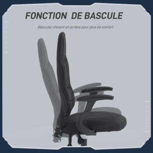 Fauteuil gamer ergonomique - chaise de bureau gaming - réglable - dossier inclinable - tissu noir