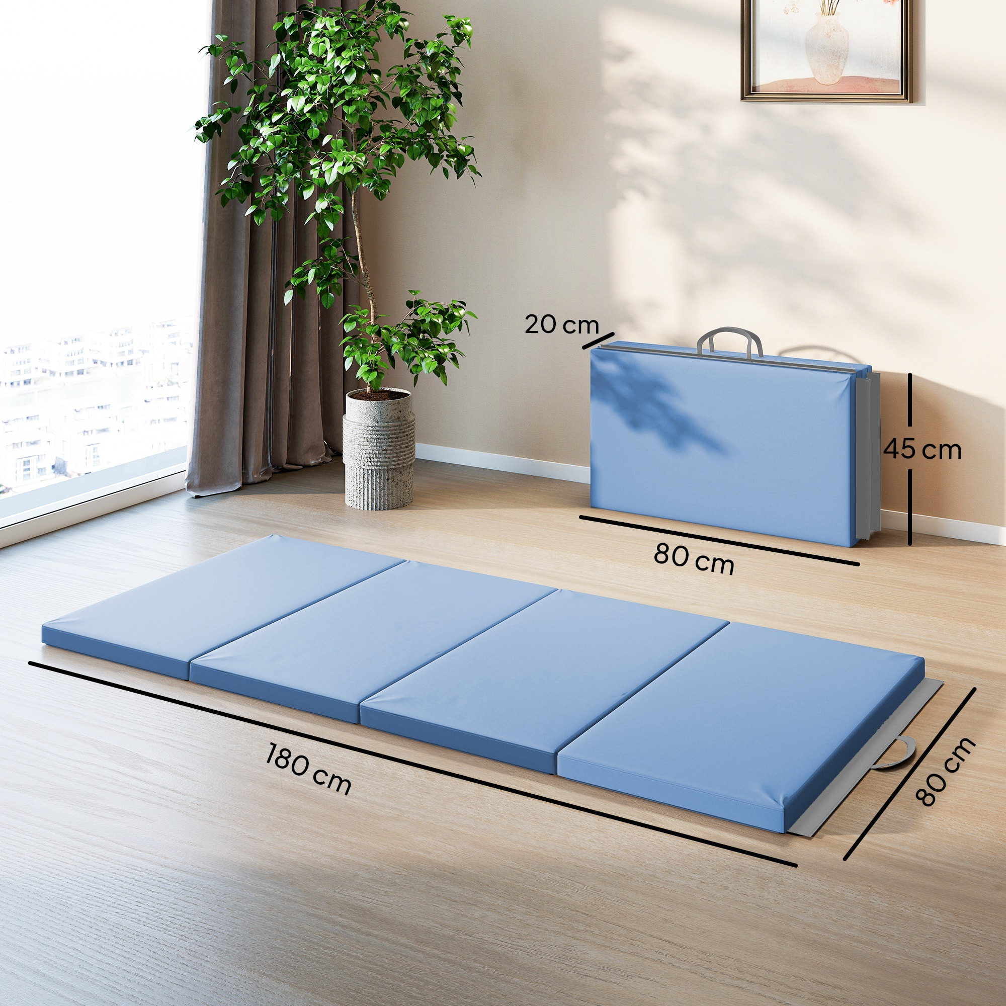 Tapis de gym yoga fitness pliable - poignée - revêtement synthétique - bleu