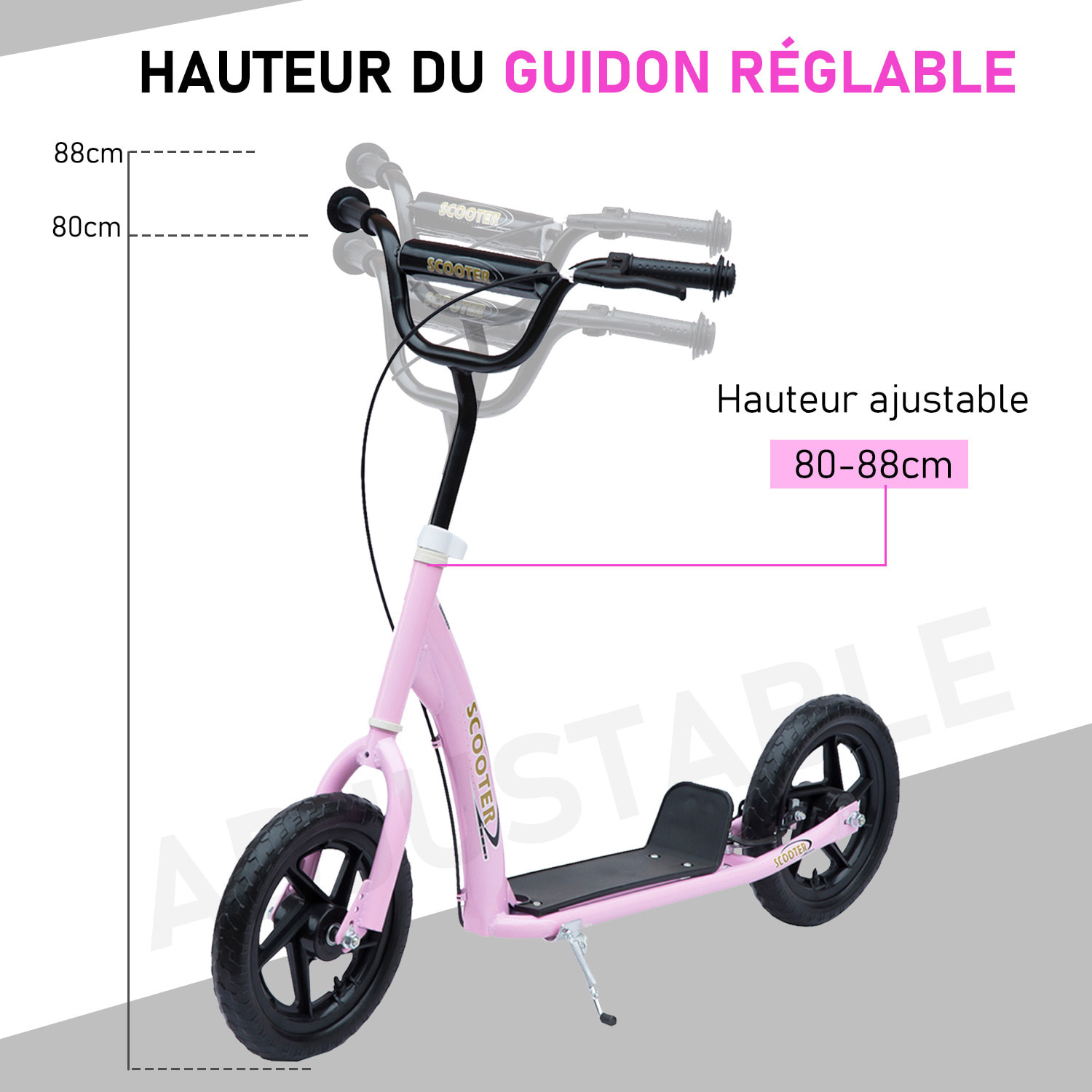 Trottinette patinette pneus 30 cm hauteur guidon réglable poignée frein et béquille acier rose