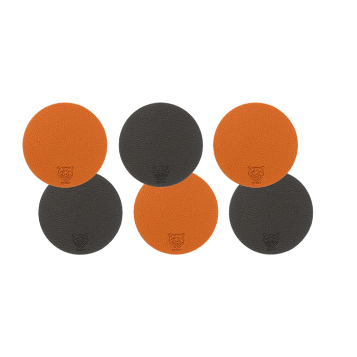 Sous-verre rond réversible - 6 pièces - Cuir recyclé orange et chocolat