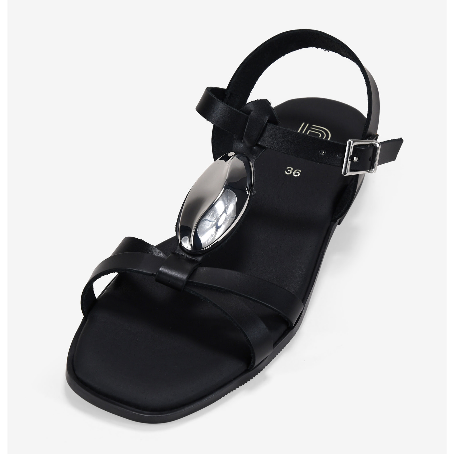 Sandalias planas negras en piel con aplique metálico