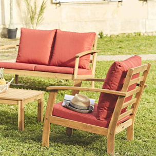Salon de jardin en bois 4 places - Ushuaïa - Coussins terracotta. canapé. fauteuils et table basse en acacia. design