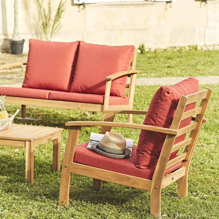 Salon de jardin en bois 4 places - Ushuaïa - Coussins terracotta. canapé. fauteuils et table basse en acacia. design