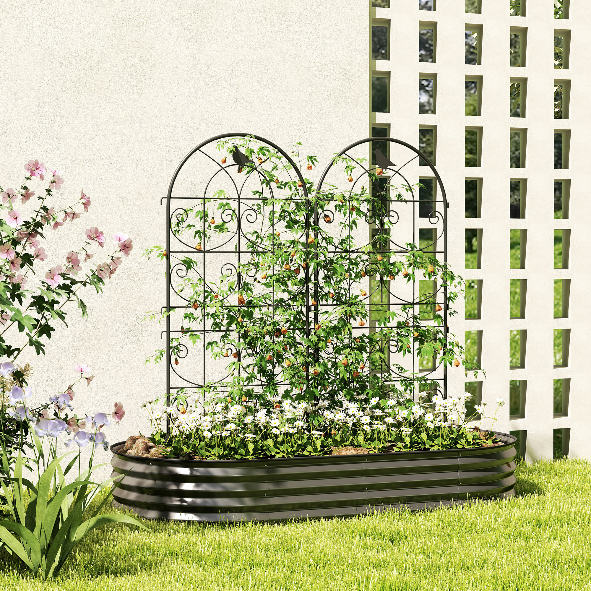 Treillis de jardin effet fer forgé oiseau - 2 supports plantes grimpantes - 50 x 120 cm - métal époxy noir