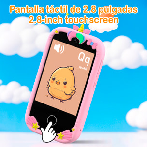 Teléfono infantil con 18 juegos y aprendizaje en inglés, con cámara dual y grabación de video. Pantalla táctil de 2,8". Sin posibilidad de SIM o llamadas. Funda de silicona de unicornio.