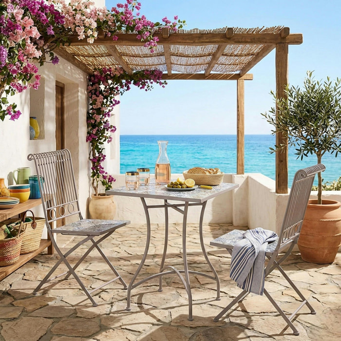 Petite table de jardin carreaux de ciment bleu et taupe 58 cm GRENADE