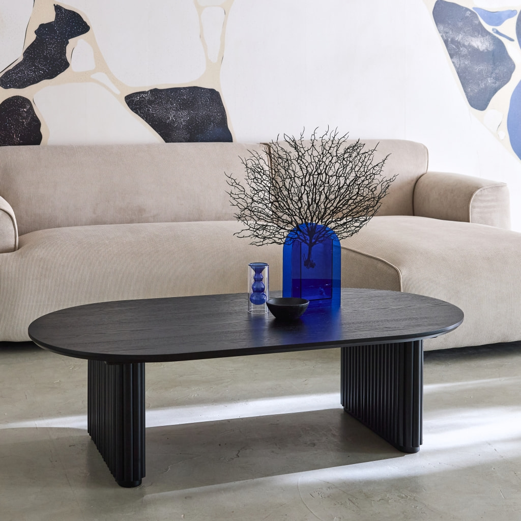 Table basse ovale bois d'hévéa placage chêne noir - L 122 x P 65 x H 35 cm - Gabrielle