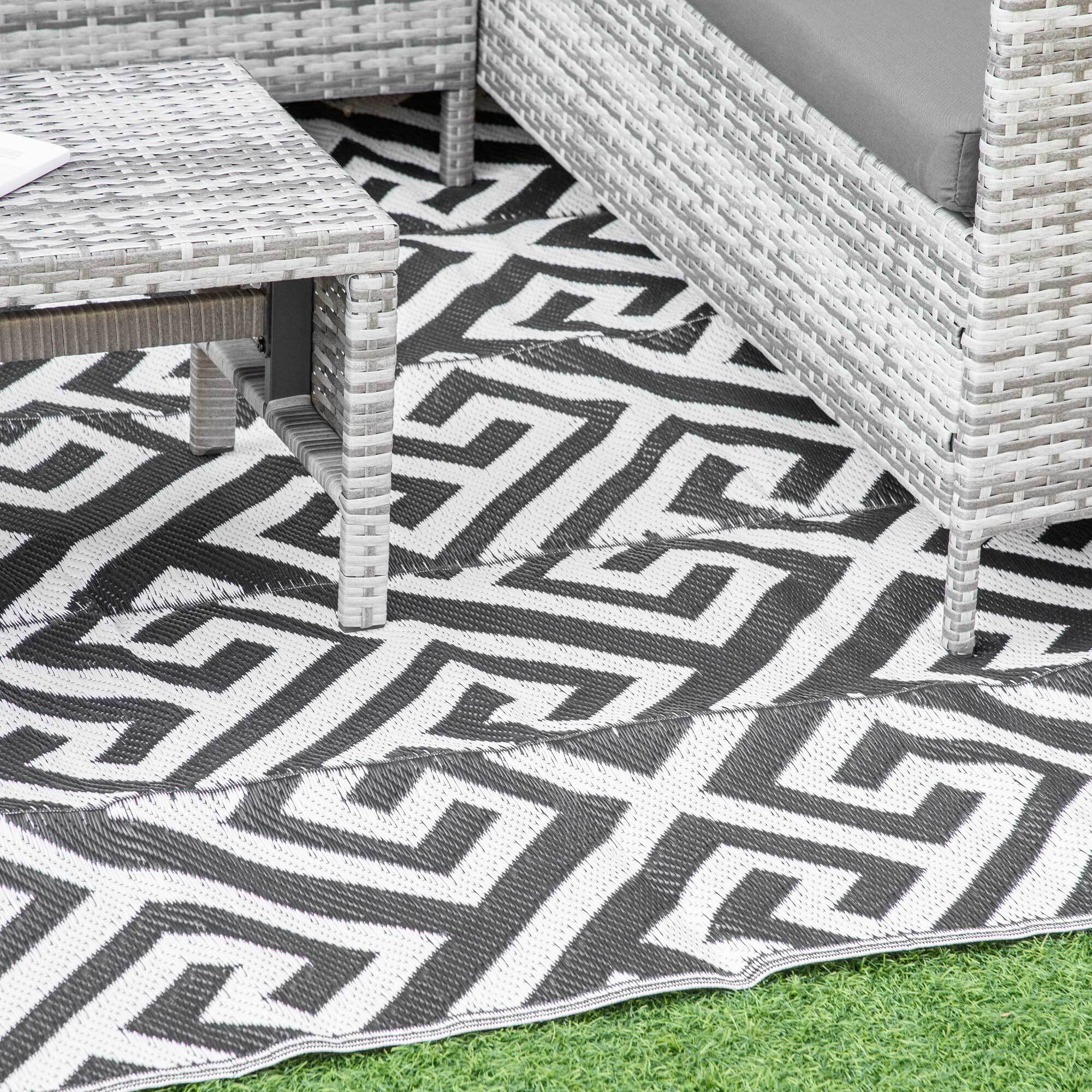 Alfombra de Exterior 182x274 cm Alfombra Reversible con Patrón Geométrico Impermeable para Terraza Balcón Patio Camping Playa Blanco y Negro