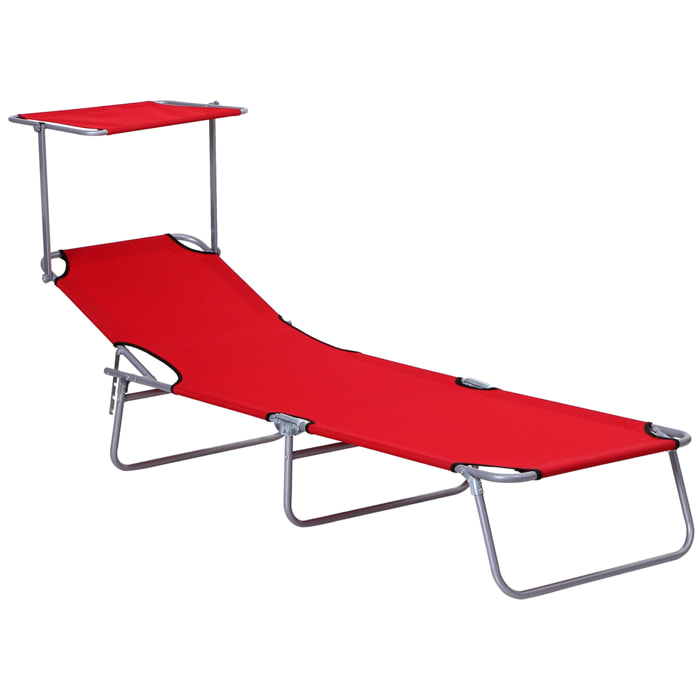 Tumbona Plegable Tumbona de Jardín Exterior Reclinable con Toldo Desmontable con Ángulo Regulable Respaldo Ajustable en 4 Niveles para Terraza Piscina Patio 187x58x36 cm Rojo