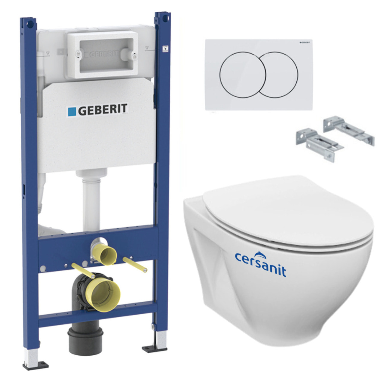Pack WC Bati-support Geberit avec Cuvette Cersanit Dormo sans bride + Plaque blanche (DormoGeb3)