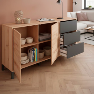 Credenza Industriale Moderna Con 2 Ante E 3 Cassetti Madia Mobile Contenitore Salvaspazio Soggiorno Sala Pranzo 74x154x41 Cm Rovere e Grigio Antracite