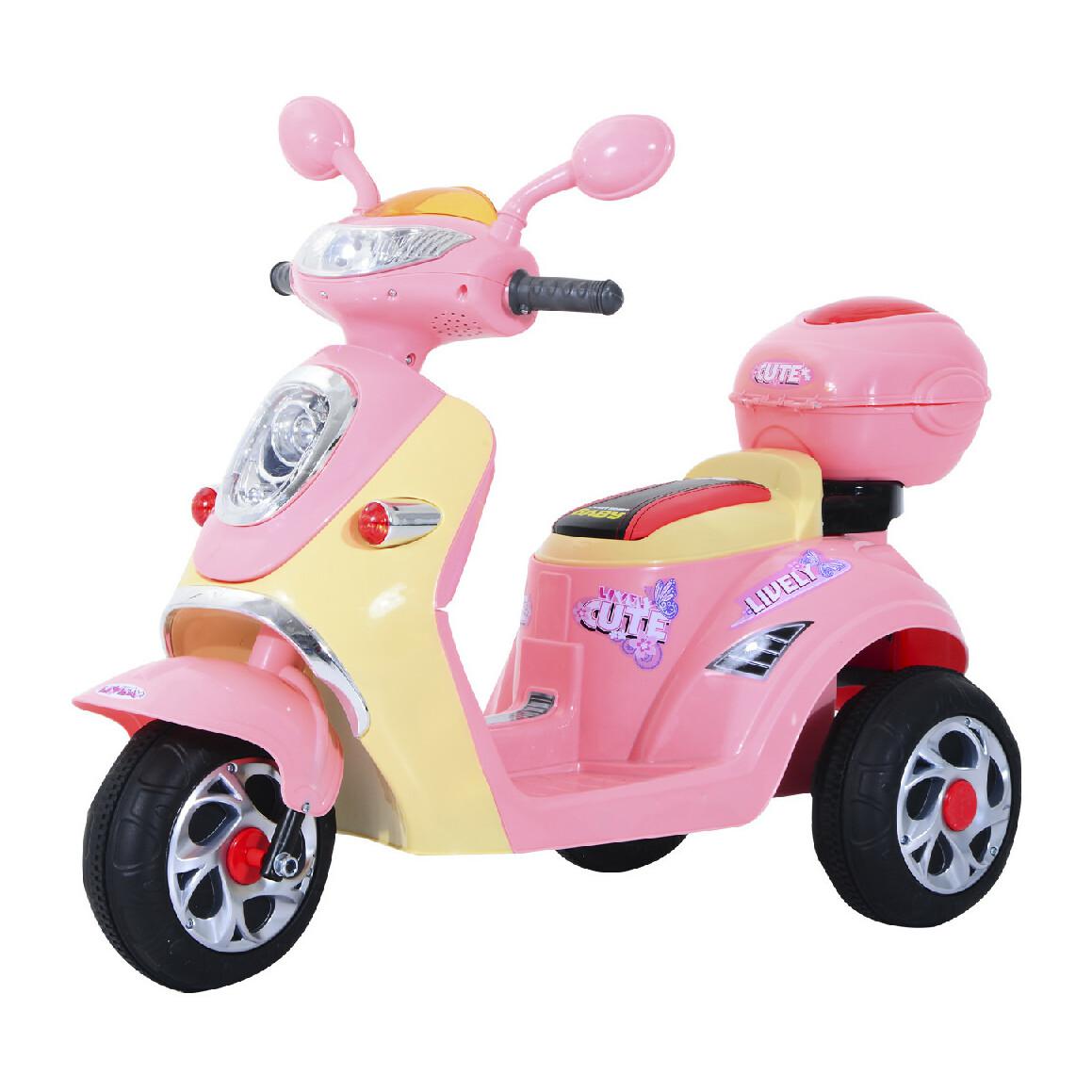 Moto scooter électrique pour enfants 6 V env. 3 Km/h 3 roues et topcase effet lumineux et sonore rose