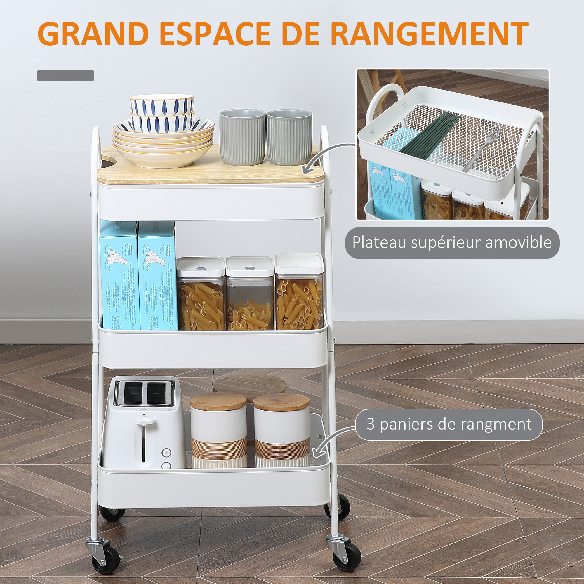 Desserte de cuisine chariot de service design industriel 3 étagères plateau amovible aspect bois clair acier blanc