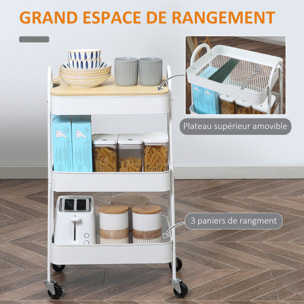 Desserte de cuisine chariot de service design industriel 3 étagères plateau amovible aspect bois clair acier blanc