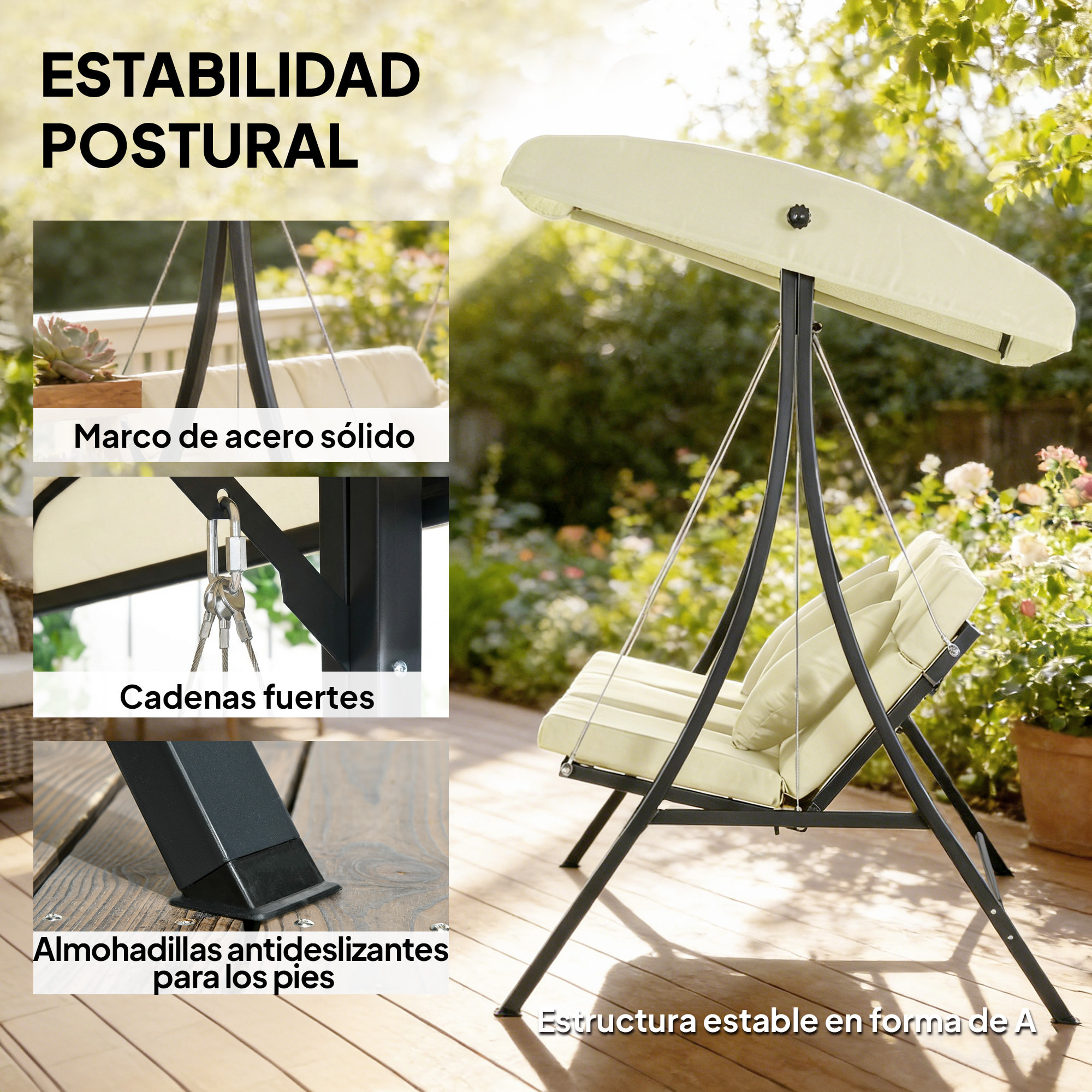 Columpio de Jardín Exterior de 3 Plazas, Balancín de Jardín Exterior con Techo Ajustable Cojines, Almohadas y Estructura de Acero, para Terraza, Patio, Carga 320 kg, 202x115x168 cm, Beige