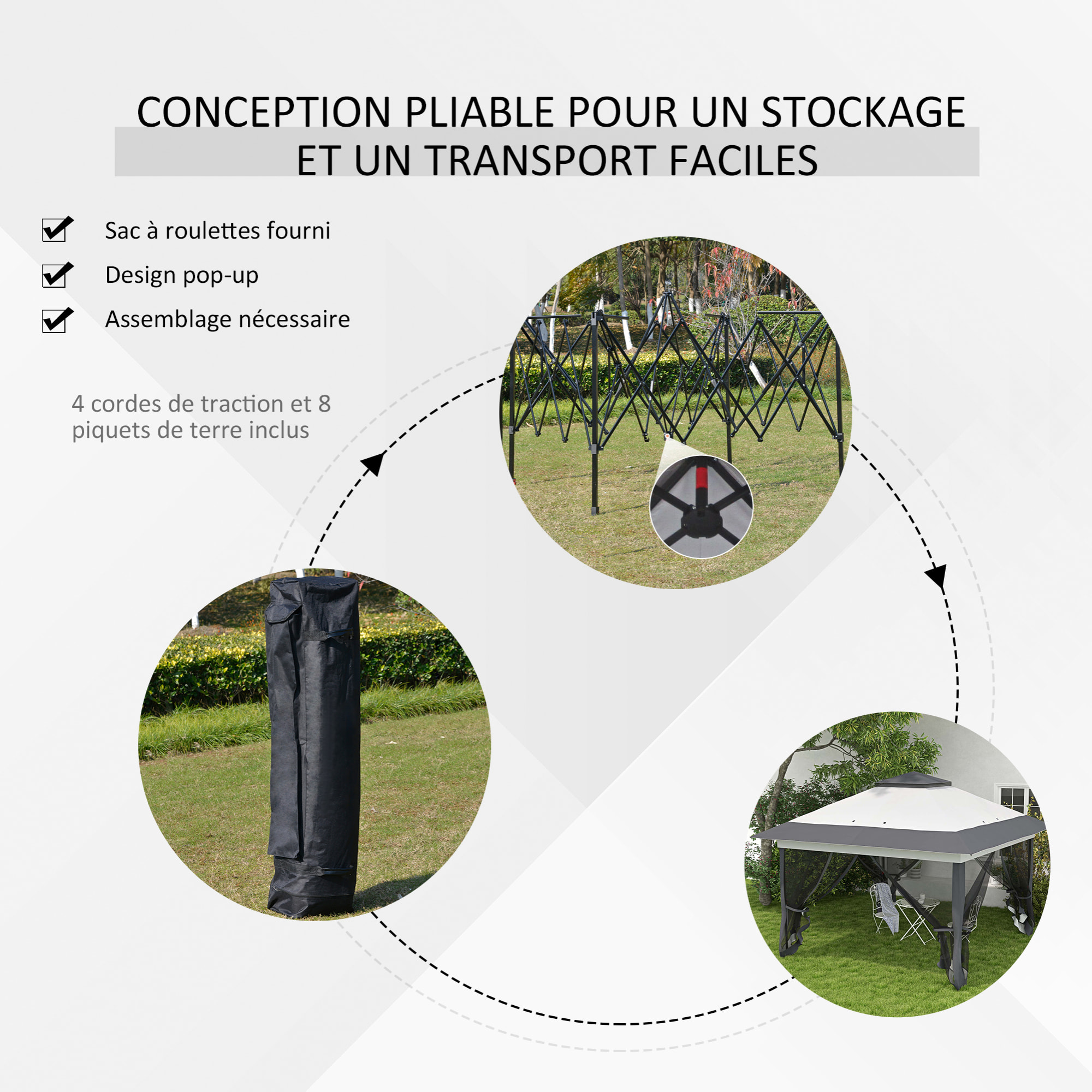 Tonnelle barnum de jardin pop-up pliant 3,64L x 3,64l x 2,98H m acier polyester moustiquaires + sac de transport à roulettes gris