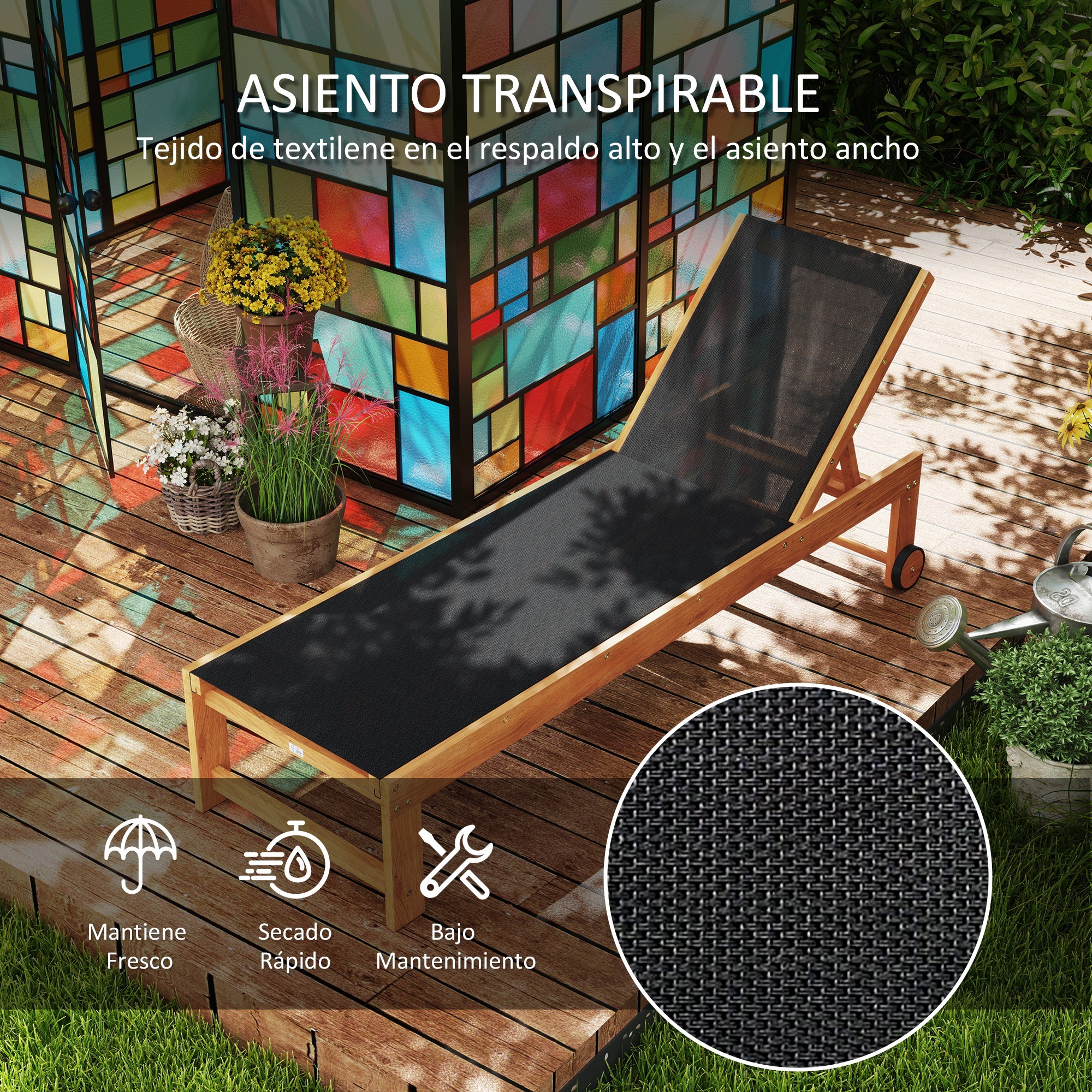 Tumbona de Madera de Acacia con Respaldo Ajustable en 4 Niveles Tumbona de Jardín Exterior con Ruedas Carga 160 kg Tumbona para Patio Terraza Balcón Teca y Negro