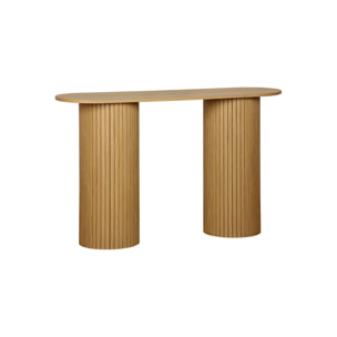 Console ovale scandinave effet bois rainuré. pieds ronds. couleur naturelle. L 120 x P 35 x H 75cm