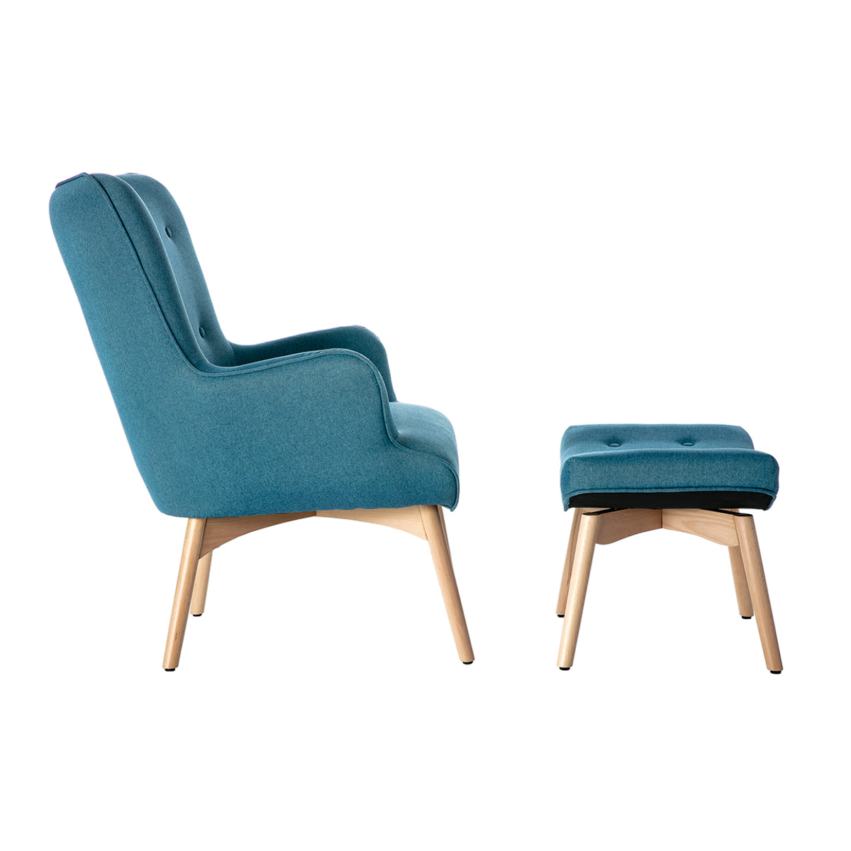 Fauteuil avec repose-pieds scandinave en tissu bleu canard et bois clair BRISTOL