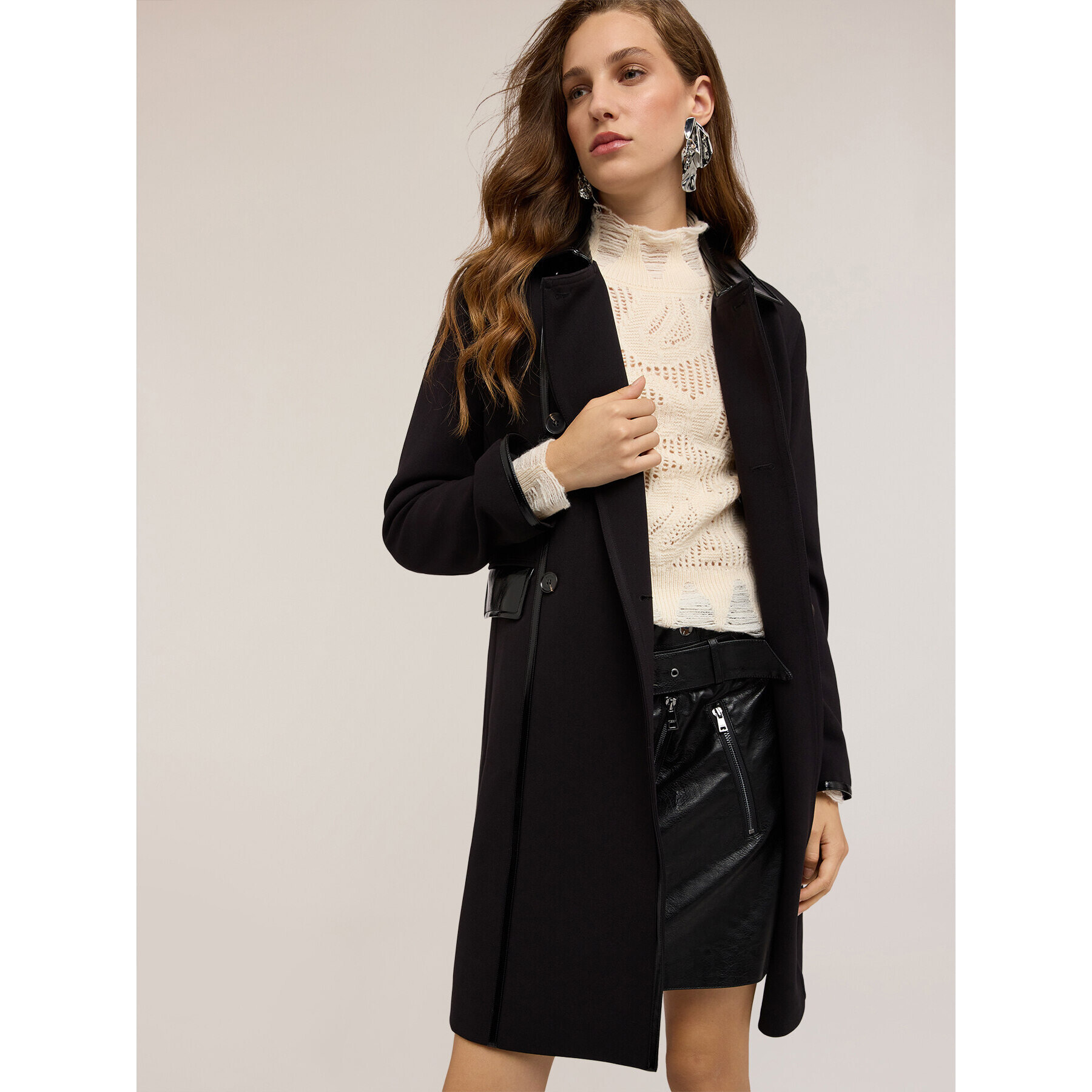 Motivi - Cappotto in poliviscosa con inserti in vernice - Nero