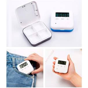 Pillola con 5 allarmi di promemoria al giorno, orologio digitale e conto alla rovescia. Allarme sonoro e con vibrazione.