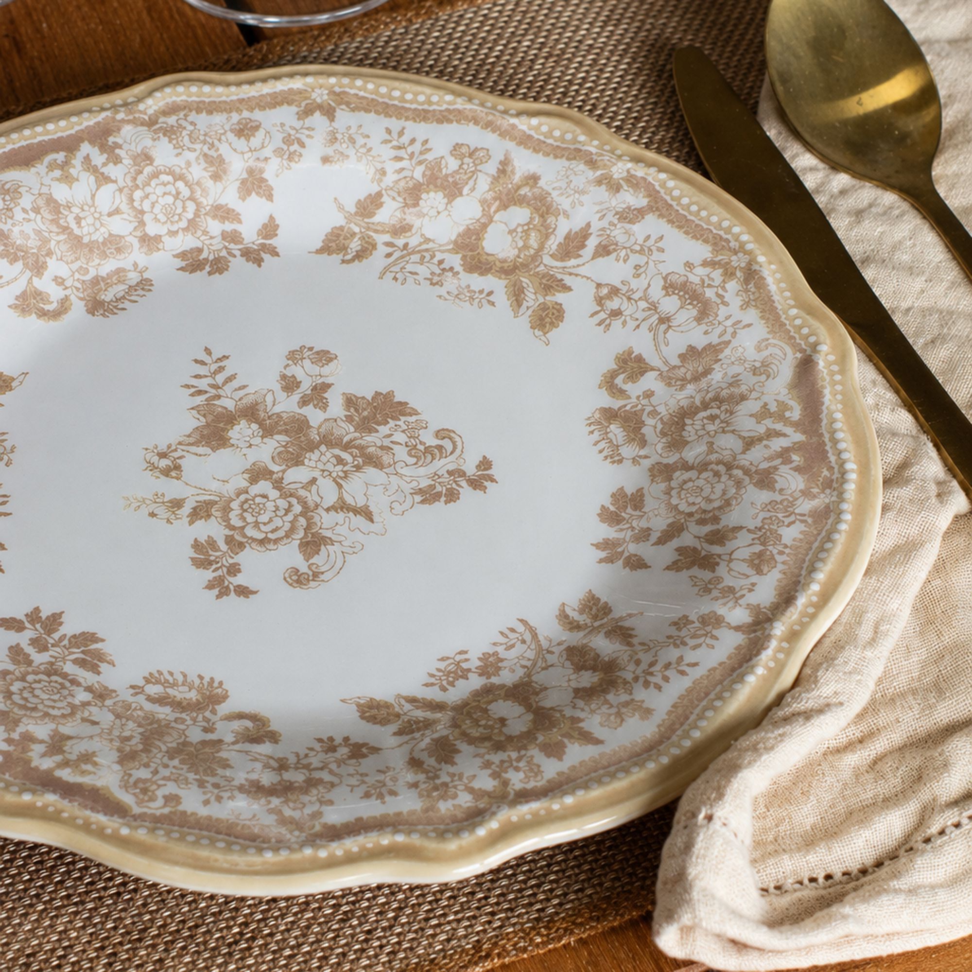 Lot de 6 assiettes plates fleuries en grès miel 26cm FAUSTINE