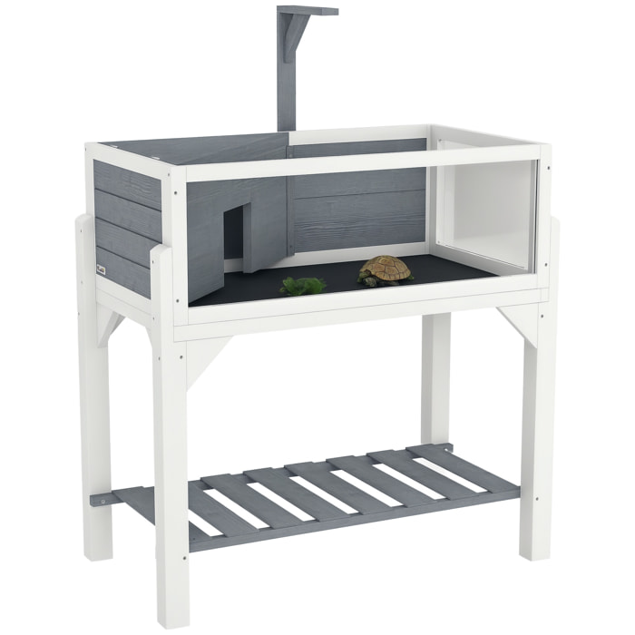 Casa de Tortugas de Madera, Terrario de Reptiles con Estante, Soporte para Lámpara, Paneles Transparentes, Techo Abatible, Bandeja, Caseta para Tortugas Exterior Interior, 90x84,5x47,5 cm, Gris