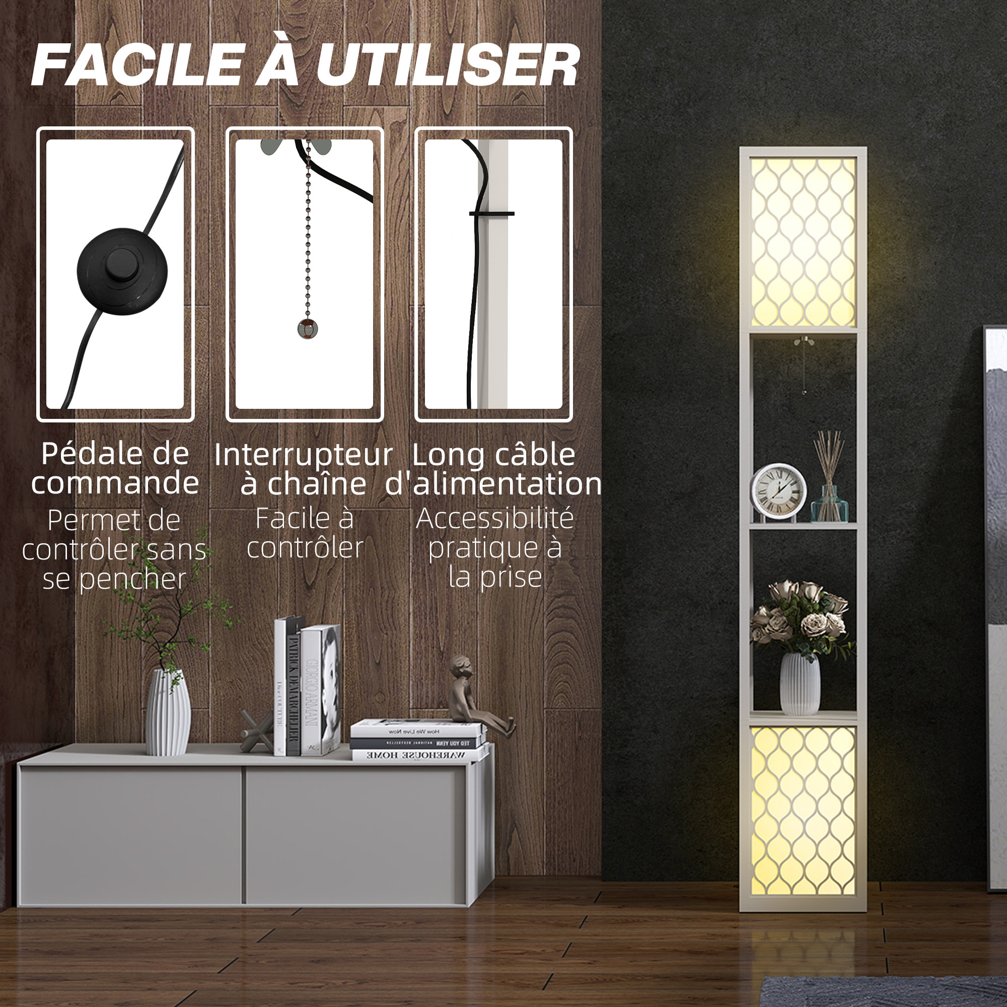 Lampadaire étagère lampe étagère dim. 26L x 26l x 156H cm 2 étagères MDF motif nid d'abeille gris clair