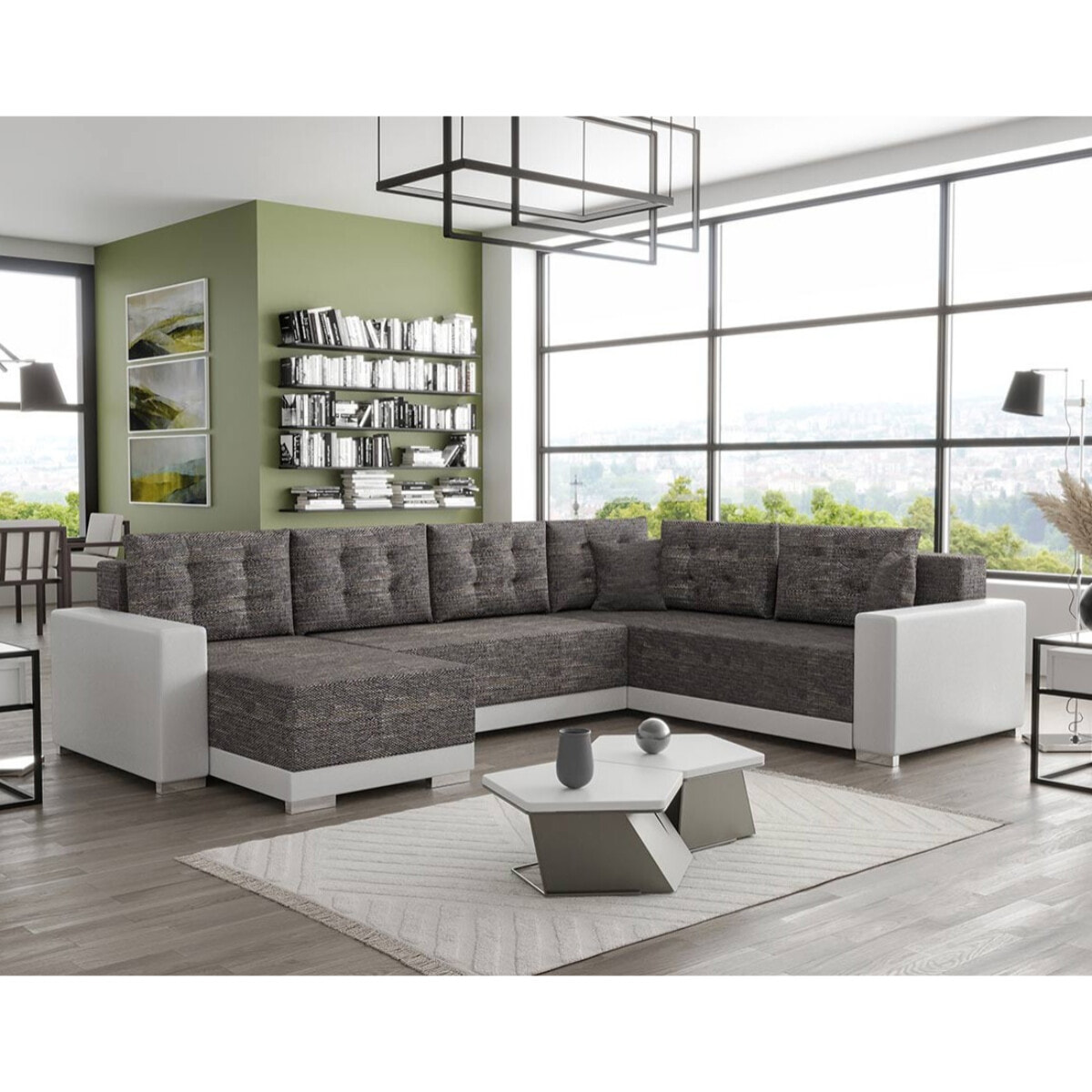 Roger - Canapé panoramique d'angle réversible 7 places convertible avec coffre en tissu - Gris / Blanc