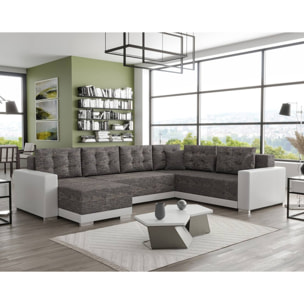 Roger - Canapé panoramique d'angle réversible 7 places convertible avec coffre en tissu - Gris / Blanc